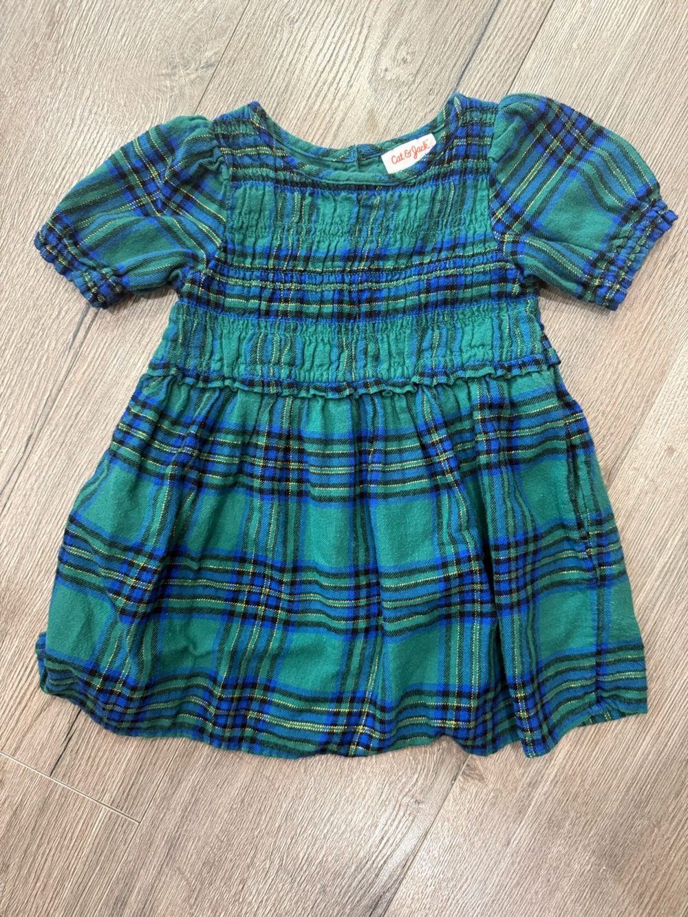 Cat & Jack 2T Flannel Plaid Girls Dress - Green, Blue, Gold, Black